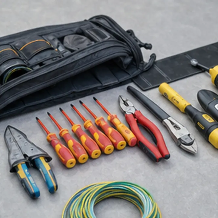 Illustrative electrician tools and testing kit