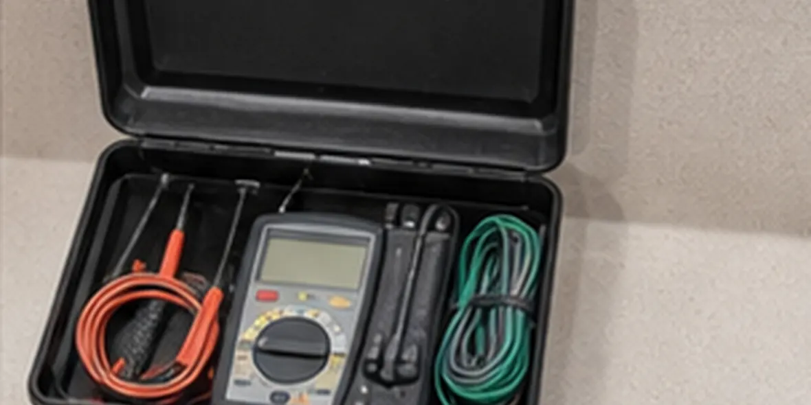 Electrical tester and tools beside a consumer unit